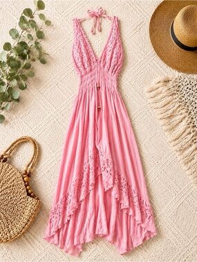 Pink Halter Lace-Trim Maxi Dress